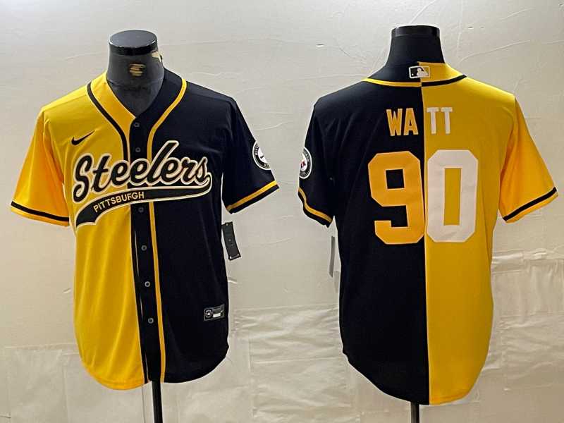 Mens Pittsburgh Steelers #90 TJ Watt Yellow Black Split With Patch Cool Base Stitched Baseball Jersey Dzhi->pittsburgh steelers->NFL Jersey